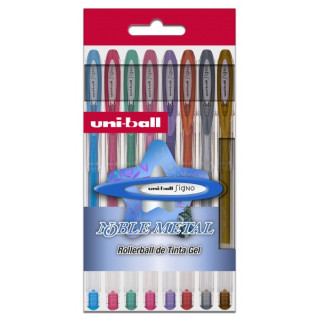 Uni-ball UM-120 NM Signo Noble Metal Pack de 8 Boligrafos de Tinta Gel - Punta de Bola 0.8mm - Tinta Resistente al Agua y Luz -