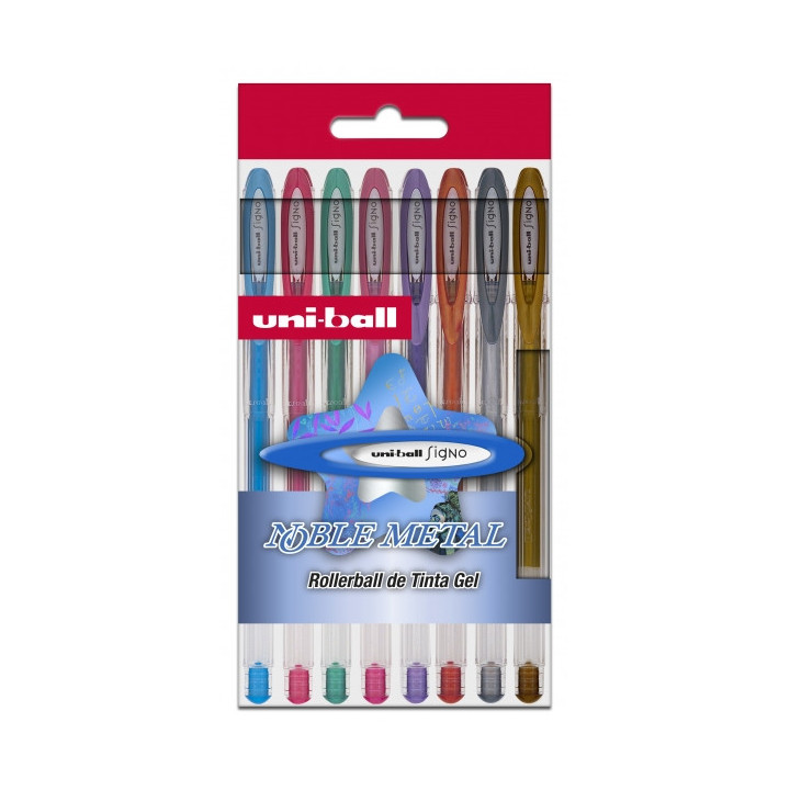 Uni-ball UM-120 NM Signo Noble Metal Pack de 8 Boligrafos de Tinta Gel - Punta de Bola 0.8mm - Tinta Resistente al Agua y Luz -