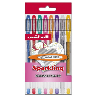 Uni-ball UM-120 SP Signo Sparkling Pack de 8 Boligrafos de Tinta Gel - Punta de Bola 1mm - Tinta Pigmentada Resistente al Agua