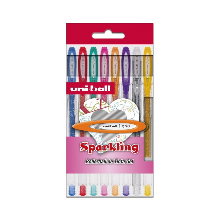 Uni-ball UM-120 SP Signo Sparkling Pack de 8 Boligrafos de Tinta Gel - Punta de Bola 1mm - Tinta Pigmentada Resistente al Agua