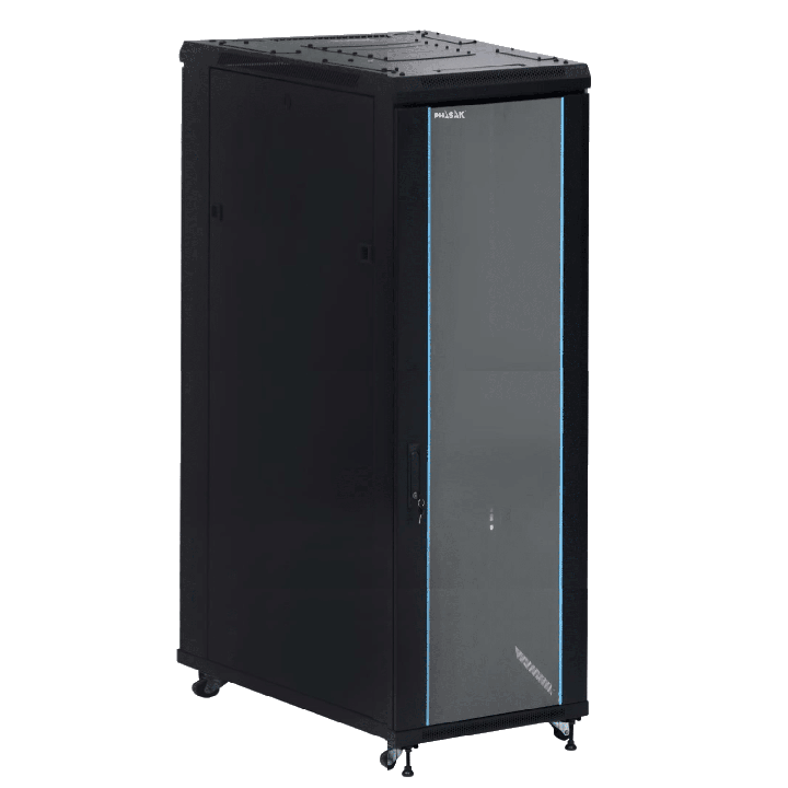 PHASAK Armario Rack 19" Phasak Pro 47U  600x1000 Montado (Incluye: 2 bandejas de 19? + Regleta electrica 19? + Juego de ruedas