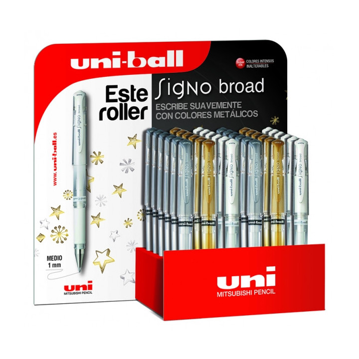 Uni-ball Signo Broad Expositor de 36 Boligrafos de Tinta Gel - Punta de Bola 1mm - Trazo Estilografico - Sujecion de Caucho - C