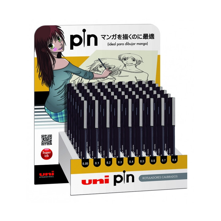 Uni-ball PIN Expositor de 54 Rotuladores Calibrados - Punta Poliacetal - Tinta Pigmentada Resistente al Agua y Luz - Color Surt