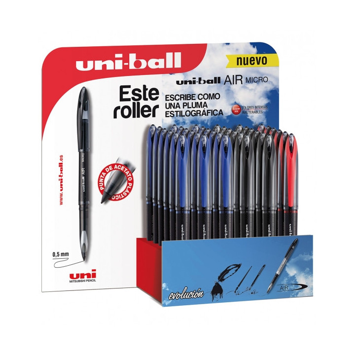 Uni-ball Air Micro 188 Expositor de 36 Rollerballs - Punta de Acetato Plastico 0.5mm - Escribe como Pluma Estilografica - Tinta