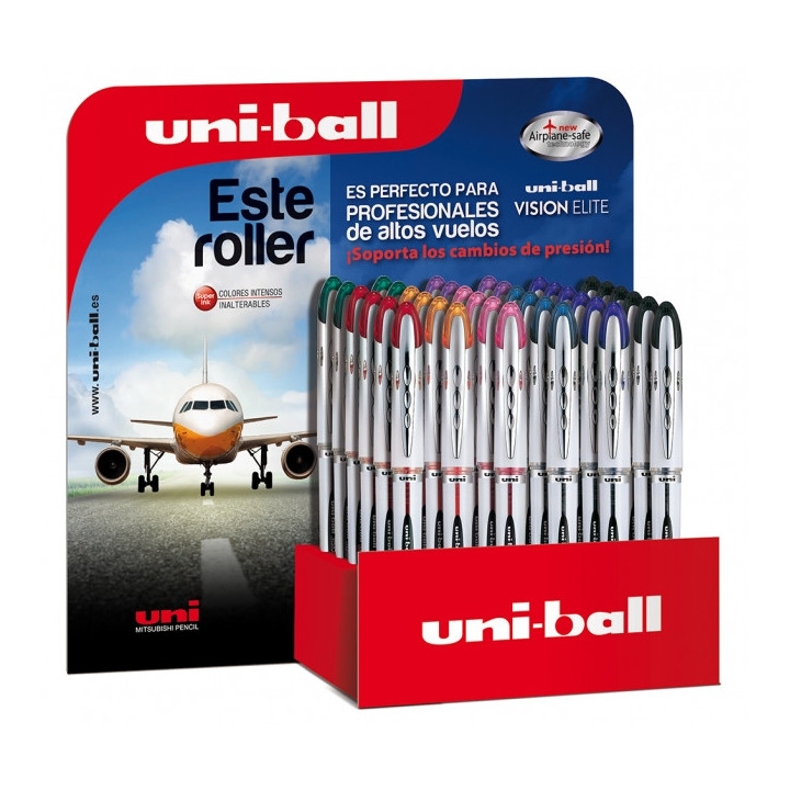 Uni-ball Vision Elite UB-200 Expositor de 36 Rollerballs de Tinta Liquida - Punta de Bola 0.8mm - Sistema Antifugas para Viajes