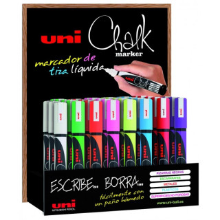Uni-ball Chalk PWE-5M Expositor de 36 Marcadores de Tiza Liquida - Punta Conica 1.8-2.5mm - Borrado en Humedo - Resistente a la