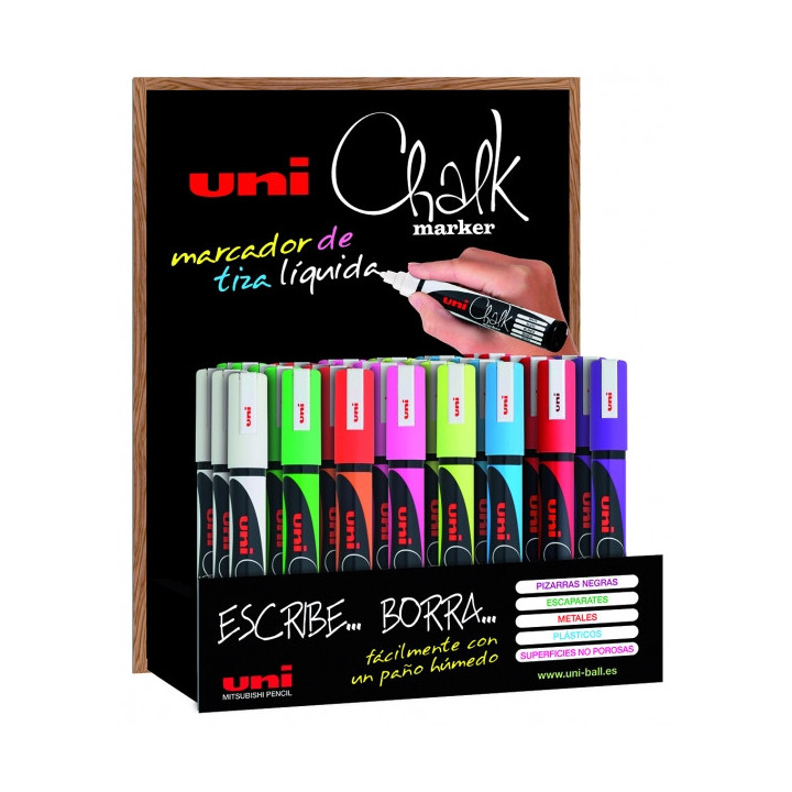 Uni-ball Chalk PWE-5M Expositor de 36 Marcadores de Tiza Liquida - Punta Conica 1.8-2.5mm - Borrado en Humedo - Resistente a la