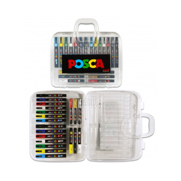 Posca Maleta de Plastico con 20 Marcadores de Pintura - Punta de Poliester - Tinta Pigmentada Base Agua - No Permanente - Resis