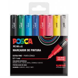Posca PC1M Pack de 8 Marcadores de Pintura - Punta Conica 0.7mm - Tinta Base al Agua - No Permanente - Resistente a la Luz - In