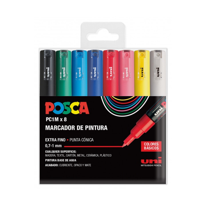 Posca PC1M Pack de 8 Marcadores de Pintura - Punta Conica 0.7mm - Tinta Base al Agua - No Permanente - Resistente a la Luz - In