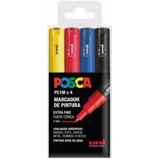 Posca PC1M Pack de 4 Marcadores de Pintura - Punta Conica 0.7mm - Tinta Base al Agua - No Permanente - Resistente a la Luz - Co