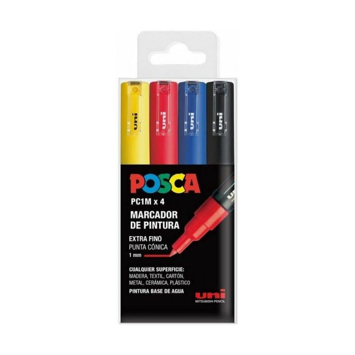 Posca PC1M Pack de 4 Marcadores de Pintura - Punta Conica 0.7mm - Tinta Base al Agua - No Permanente - Resistente a la Luz - Co