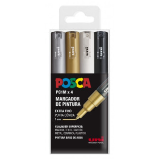 Posca PC1M Pack de 4 Marcadores de Pintura - Punta Conica de 0.7mm - Tinta Base al Agua - No Permanente - Resistente a la Luz -