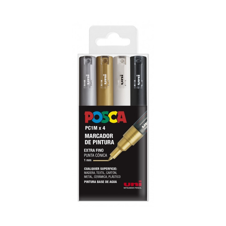 Posca PC1M Pack de 4 Marcadores de Pintura - Punta Conica de 0.7mm - Tinta Base al Agua - No Permanente - Resistente a la Luz -