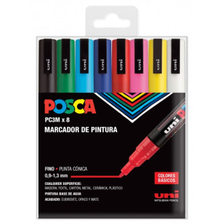 Posca PC3M Pack de 8 Marcadores de Pintura - Punta Conica 0.9-1.3mm - Tinta Base al Agua - Resistente a la Luz - No Permanente