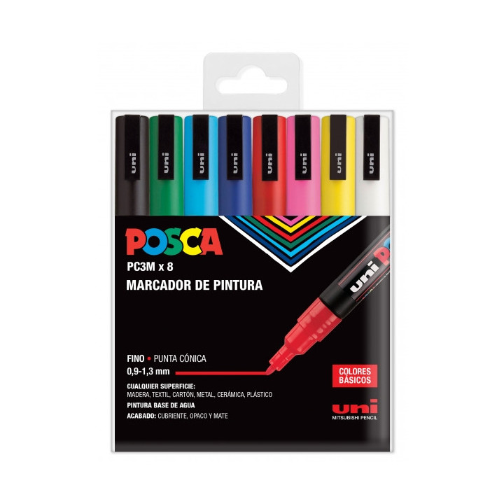 Posca PC3M Pack de 8 Marcadores de Pintura - Punta Conica 0.9-1.3mm - Tinta Base al Agua - Resistente a la Luz - No Permanente