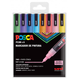 Posca PC3M Pack de 8 Marcadores de Pintura - Punta Conica 0.9-1.3mm - Tinta Base al Agua - Resistente a la Luz - Ideal para Car
