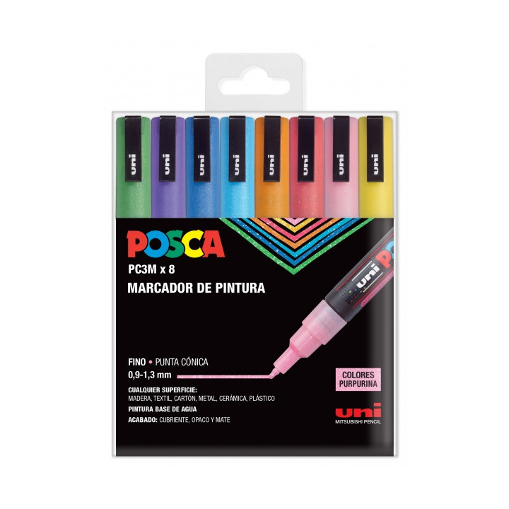 Posca PC3M Pack de 8 Marcadores de Pintura - Punta Conica 0.9-1.3mm - Tinta Base al Agua - Resistente a la Luz - Ideal para Car