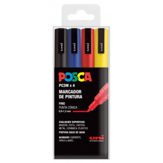 Posca PC3M Pack de 4 Marcadores de Pintura - Punta Conica 0.9-1.3mm - Tinta Base al Agua - Resistente a la Luz - No Permanente