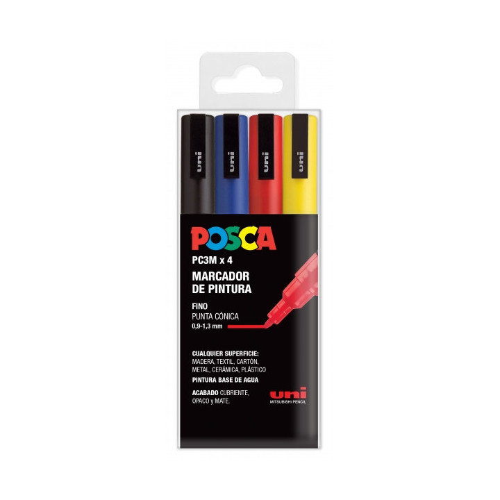 Posca PC3M Pack de 4 Marcadores de Pintura - Punta Conica 0.9-1.3mm - Tinta Base al Agua - Resistente a la Luz - No Permanente