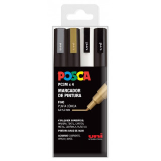 Posca PC3M Pack de 4 Marcadores de Pintura - Punta Conica 0.9-1.3mm - Tinta Base al Agua - Resistente a la Luz - No Permanente