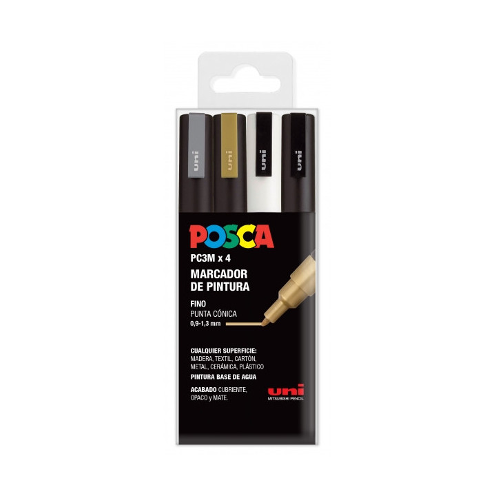 Posca PC3M Pack de 4 Marcadores de Pintura - Punta Conica 0.9-1.3mm - Tinta Base al Agua - Resistente a la Luz - No Permanente
