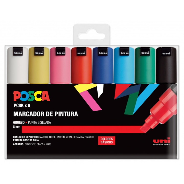 Posca PC-8K/8C Estuche de 8 Marcadores de Pintura - Punta Biselada Acrilica 8mm - Tinta Base al Agua - Resistente a la Luz - Co