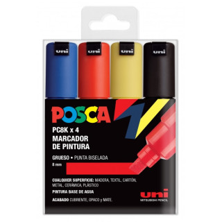 Posca PC-8K Estuche de 4 Marcadores de Pintura - Punta Biselada Acrilica 8mm - Tinta Base al Agua - No Permanente - Resistente