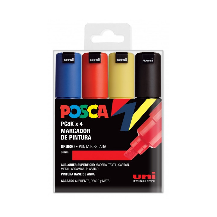 Posca PC-8K Estuche de 4 Marcadores de Pintura - Punta Biselada Acrilica 8mm - Tinta Base al Agua - No Permanente - Resistente