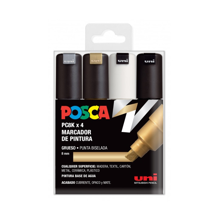 Posca PC-8K Estuche de 4 Marcadores de Pintura - Punta Biselada Acrilica 8mm - Tinta Base al Agua - Resistente a la Luz - Color