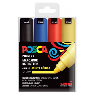 Posca PC-7M Estuche de 4 Marcadores de Pintura - Punta de Bala 4.5-5.5mm - Tinta Base al Agua - Resistente a la Luz - No Perman