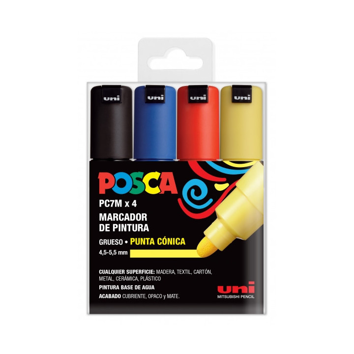 Posca PC-7M Estuche de 4 Marcadores de Pintura - Punta de Bala 4.5-5.5mm - Tinta Base al Agua - Resistente a la Luz - No Perman