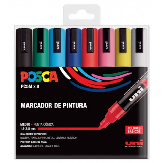 Posca PC-5M/8C Estuche de 8 Marcadores de Pintura - Punta de Poliester 1.8-2.5mm - Tinta Base al Agua - Resistente a la Luz - N