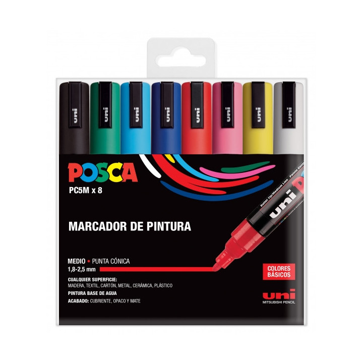 Posca PC-5M/8C Estuche de 8 Marcadores de Pintura - Punta de Poliester 1.8-2.5mm - Tinta Base al Agua - Resistente a la Luz - N
