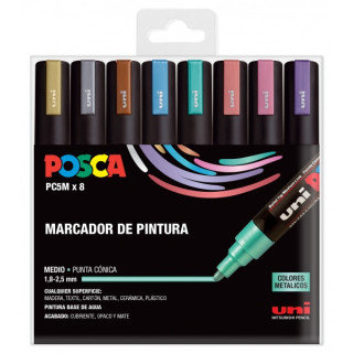 Posca PC-5M/8C Estuche de 8 Marcadores de Pintura - Punta de Bala 1.8-2.5mm - Tinta Base al Agua - Resistente a la Luz - No Per