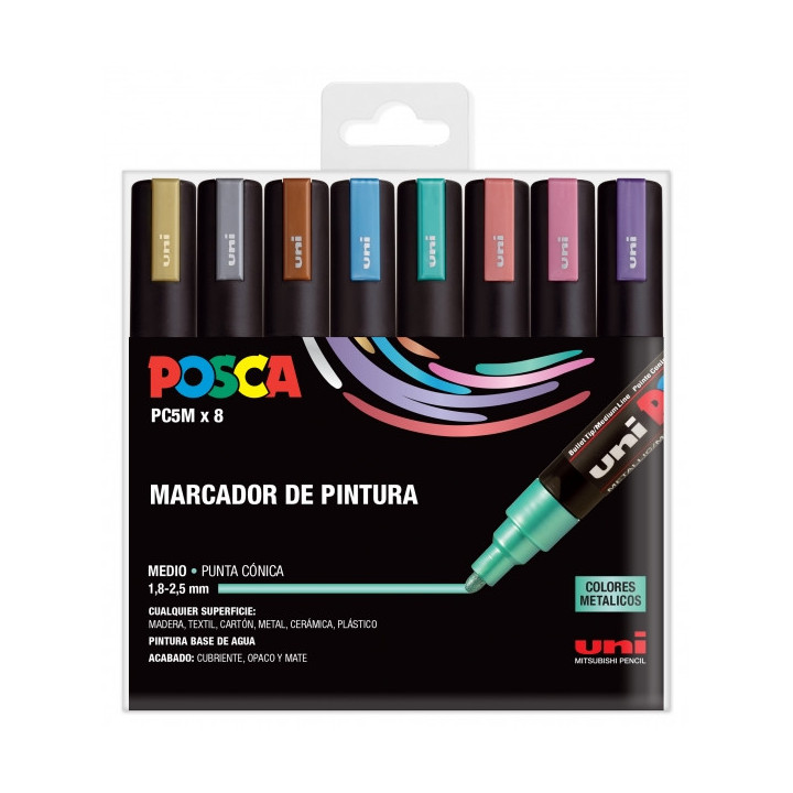 Posca PC-5M/8C Estuche de 8 Marcadores de Pintura - Punta de Bala 1.8-2.5mm - Tinta Base al Agua - Resistente a la Luz - No Per