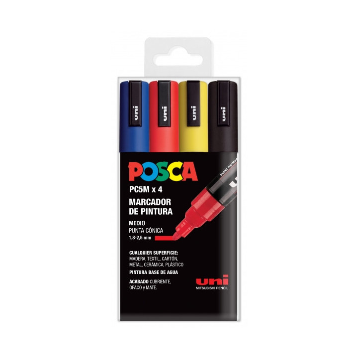 Posca PC-5M Pack de 4 Marcadores de Pintura - Punta de Bala 1.8-2.5mm - Tinta Base al Agua - No Permanente - Resistente a la Lu