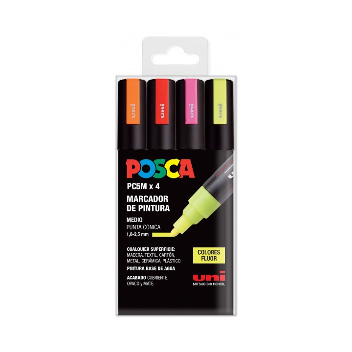 Posca PC-5M Pack de 4 Marcadores de Pintura - Punta de Bala 1.8-2.5mm - Tinta Base al Agua - No Permanente - Resistente a la Lu