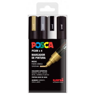 Posca PC-5M Pack de 4 Marcadores de Pintura - Punta de Bala 1.8-2.5mm - Tinta Base al Agua - No Permanente - Resistente a la Lu