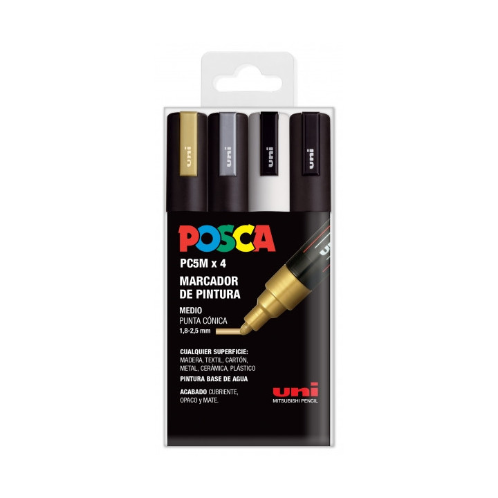 Posca PC-5M Pack de 4 Marcadores de Pintura - Punta de Bala 1.8-2.5mm - Tinta Base al Agua - No Permanente - Resistente a la Lu