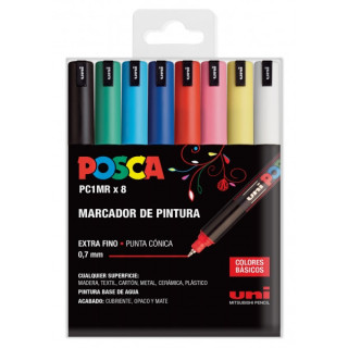 Posca PC1MR Pack de 8 Marcadores de Pintura - Punta Roller de Fibra 0.7mm - Tinta Pigmentada Base al Agua - Resistente a la Luz