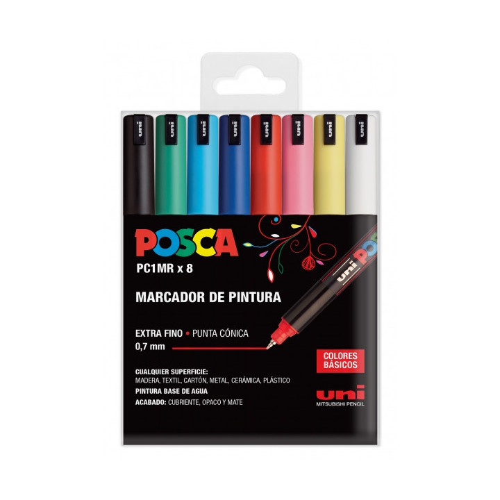 Posca PC1MR Pack de 8 Marcadores de Pintura - Punta Roller de Fibra 0.7mm - Tinta Pigmentada Base al Agua - Resistente a la Luz