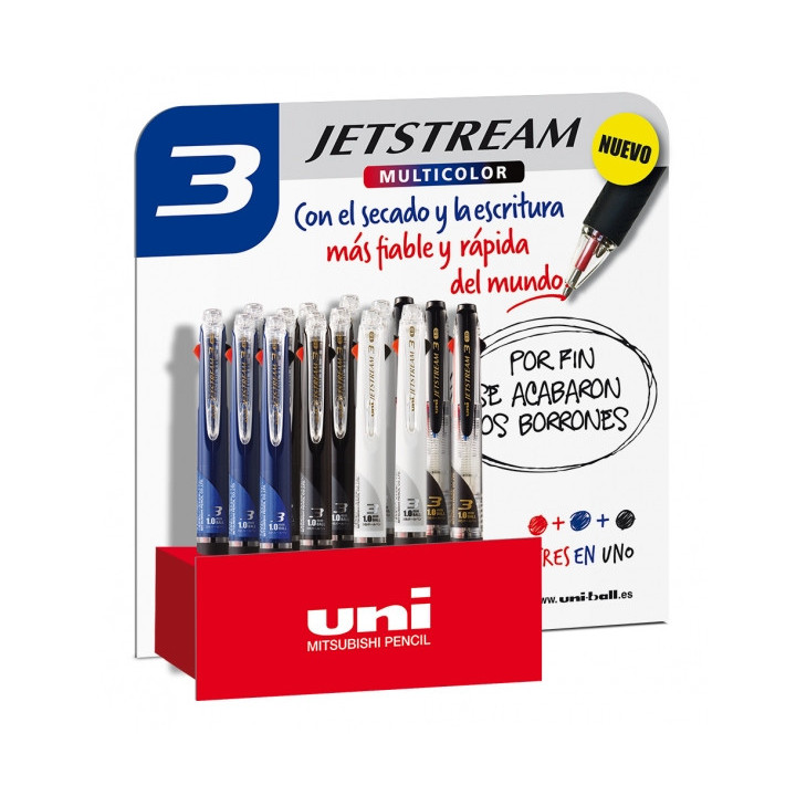 Uni-ball SXE3-400-10 JetStream Expositor de 15 Boligrafos Tricolor - Punta de Bola 1mm - Boligrafo con 3 Colores de Tinta