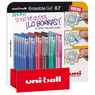 Uni-ball Erasable UF-222 Expositor de 36 Rollers de Gel Borrable - Punta de Bola 0.7mm - Tinta Termosensible - Doble Goma Borra