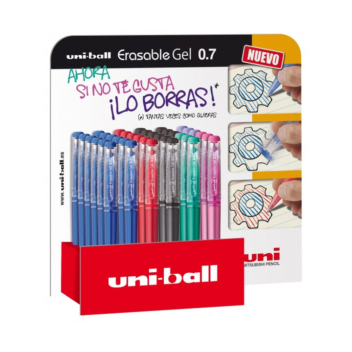 Uni-ball Erasable UF-222 Expositor de 36 Rollers de Gel Borrable - Punta de Bola 0.7mm - Tinta Termosensible - Doble Goma Borra