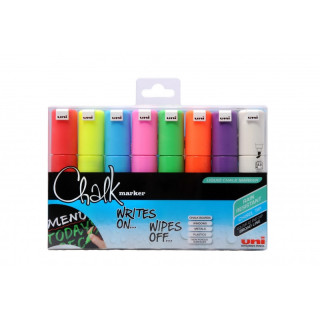 Uni-ball Chalk PWE-8K Pack de 8 Marcadores de Tiza Liquida - Punta Biselada 8mm - Borrado en Humedo - Resistente a la Lluvia -
