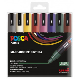 Posca PC-5M Estuche de 8 Marcadores de Pintura - Punta de Bala 1.8-2.5mm - Tinta Base al Agua - Resistente a la Luz - No Perman