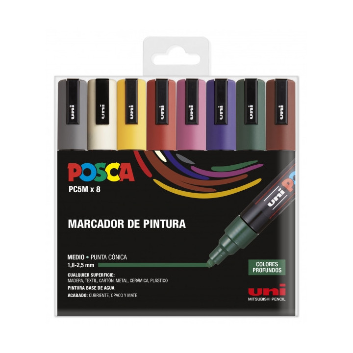Posca PC-5M Estuche de 8 Marcadores de Pintura - Punta de Bala 1.8-2.5mm - Tinta Base al Agua - Resistente a la Luz - No Perman