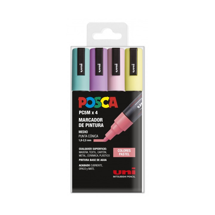 Posca PC-5M Pack de 4 Marcadores de Pintura - Punta de Bala 1.8-2.5mm - Tinta Base al Agua - No Permanente - Resistente a la Lu