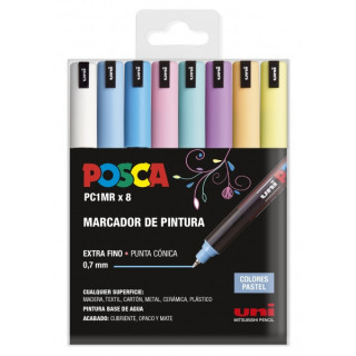 Posca PC1MR Pack de 8 Marcadores de Pintura - Punta Roller de Fibra 0.7mm - Tinta Pigmentada Base al Agua - Resistente a la Luz